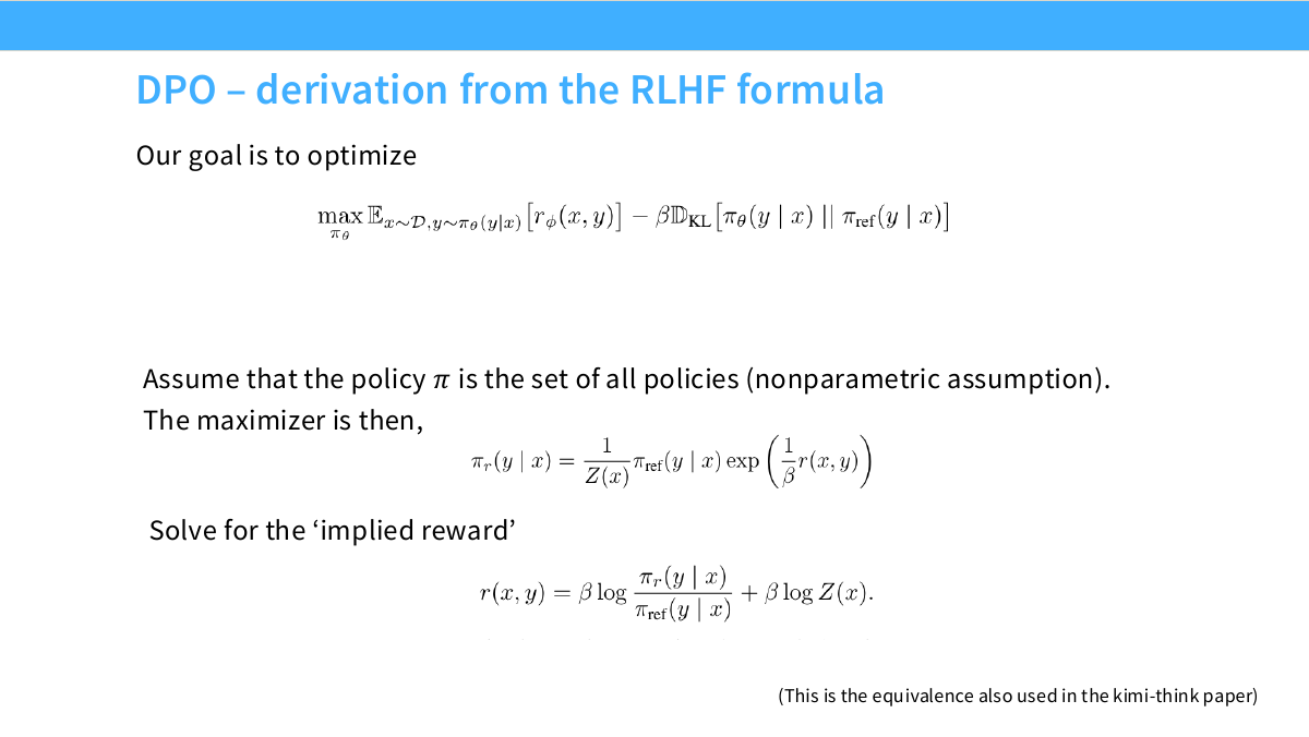 DPO 从带 KL 约束的 RLHF 目标中得到隐式奖励